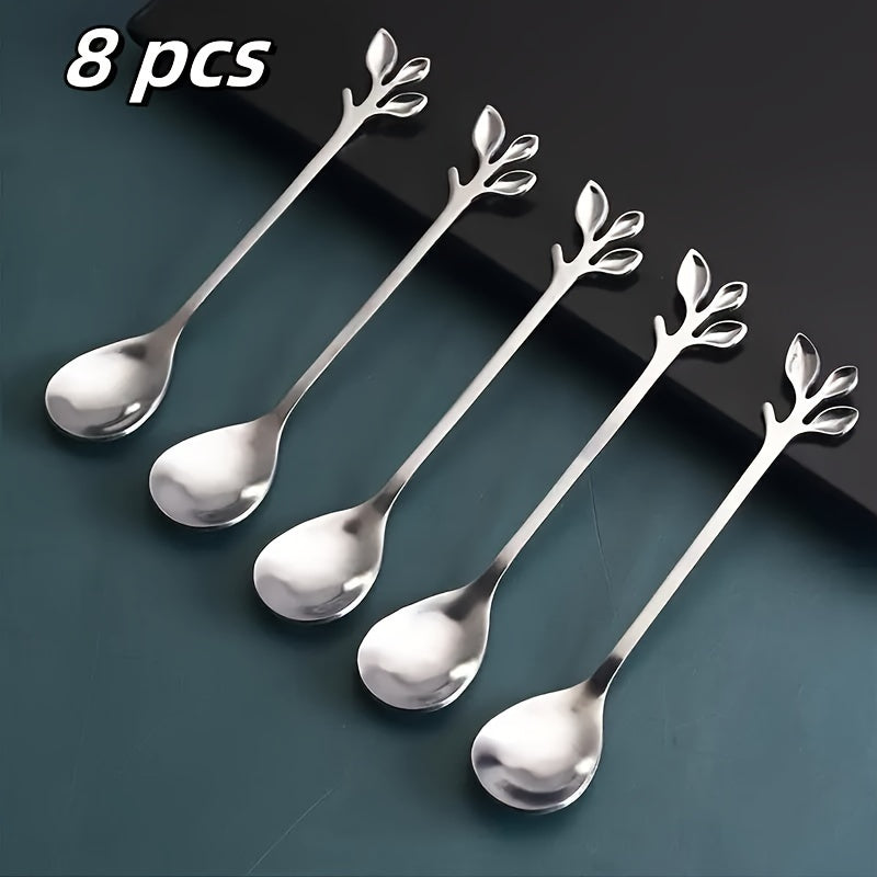 Juego de 8 cucharas de café de acero inoxidable con diseño de rama para remover postres y helado