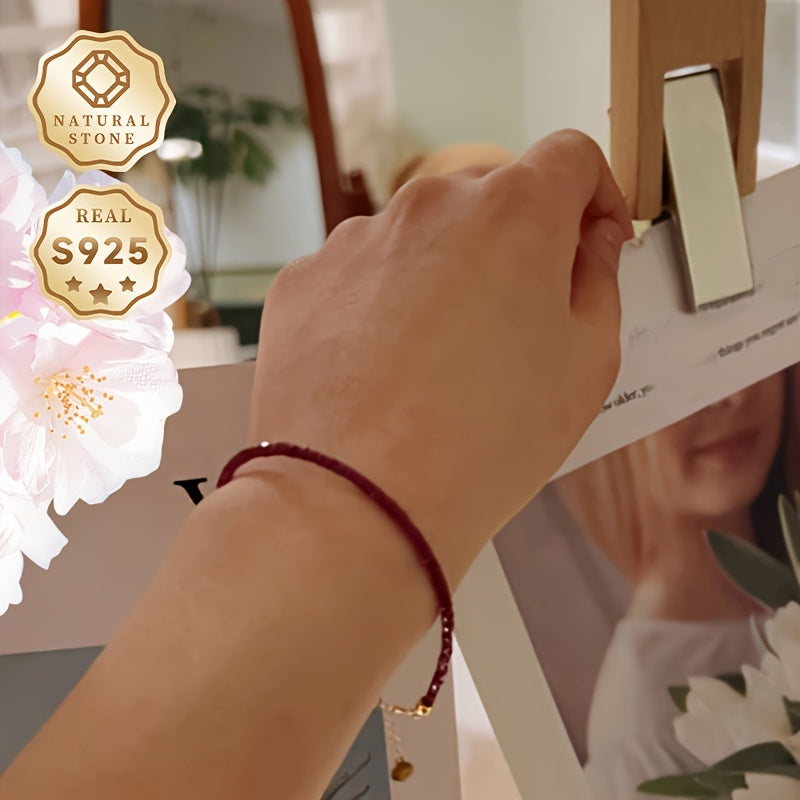 Women's Silver Bracelet with Red Faceted Natural Stones Adjustable Length Gift Box