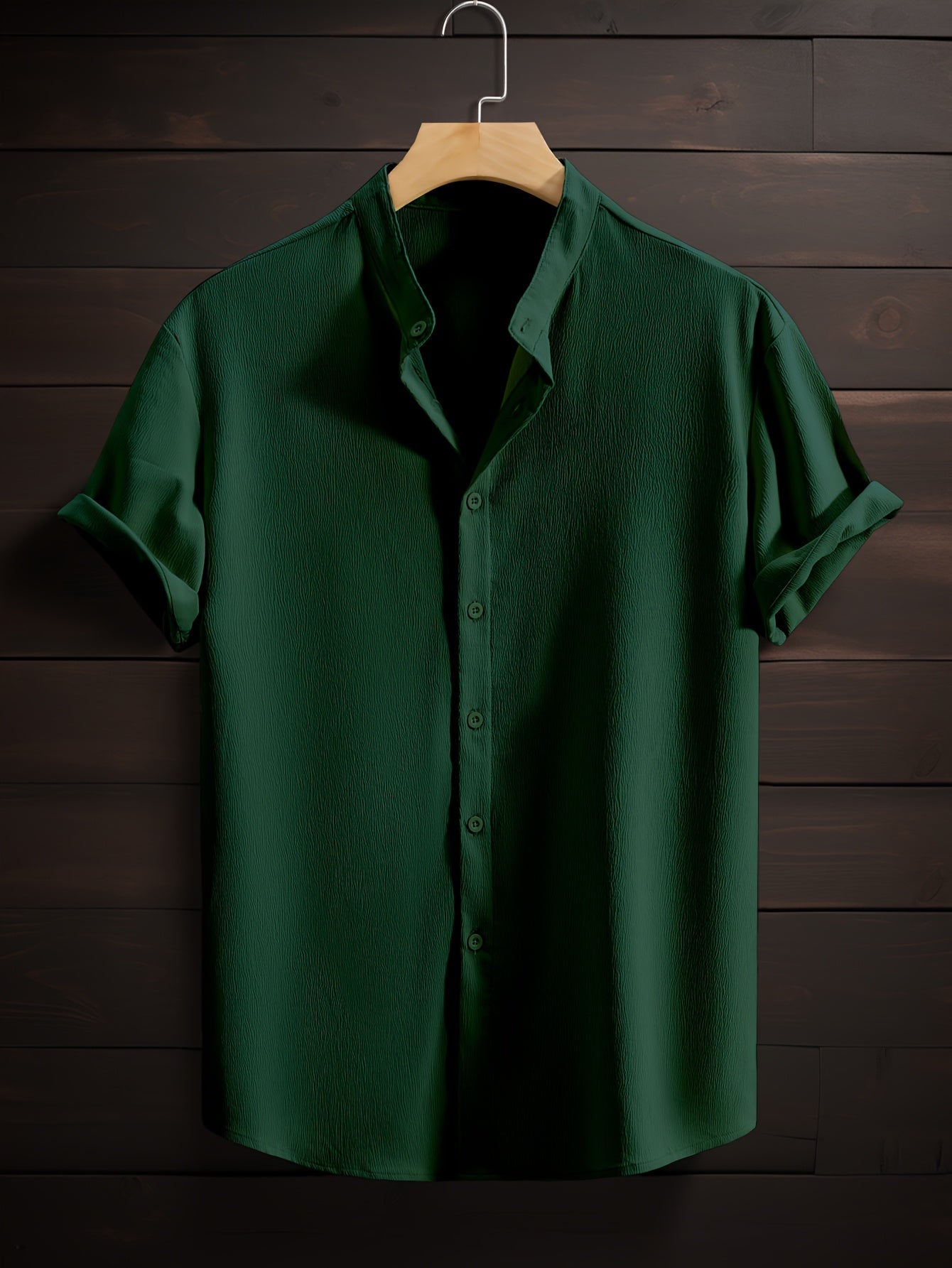 Men's Green Short-Sleeve Woven Cotton Casual Shirt for Summer