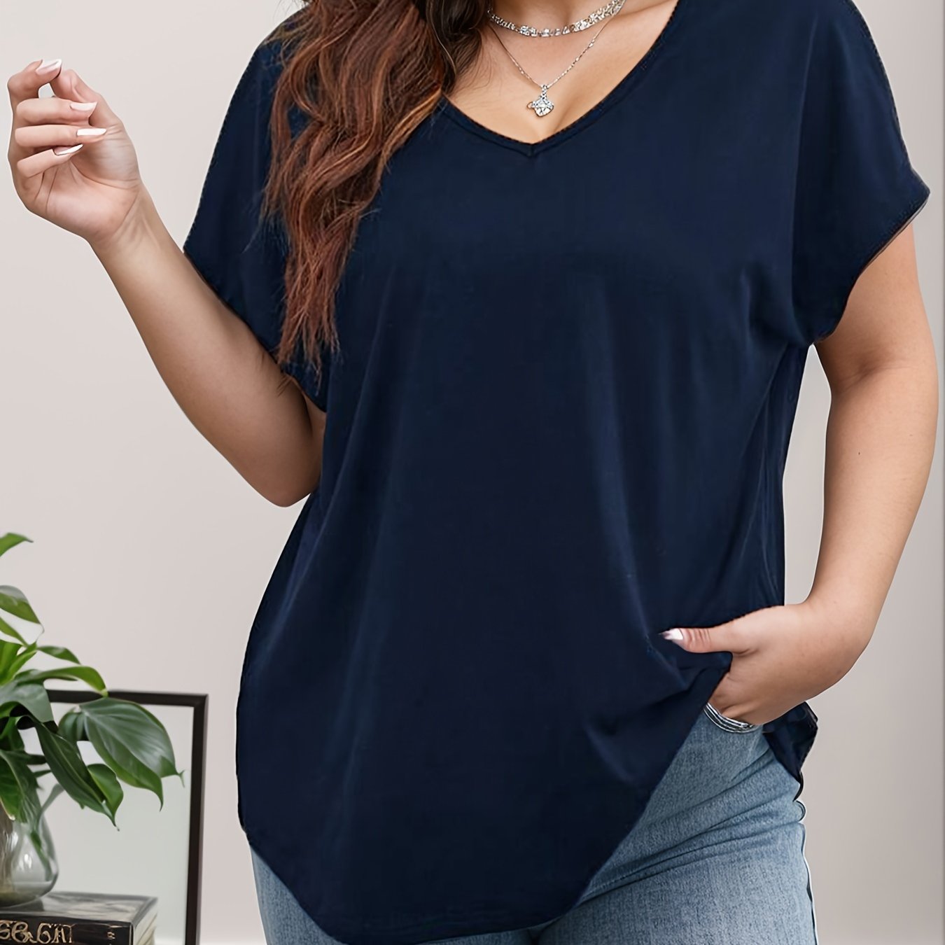 Women Plus Size Solid V-Neck Short Sleeve T-Shirt Casual Clothing