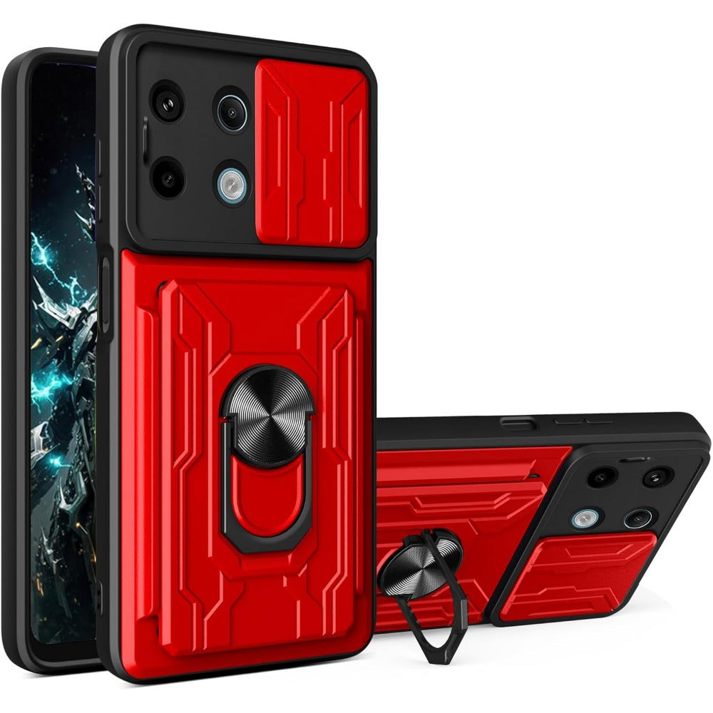 Black PC Phone Case for Xiaomi Redmi Note 13 with Card Holder Camera Cover and Kickstand