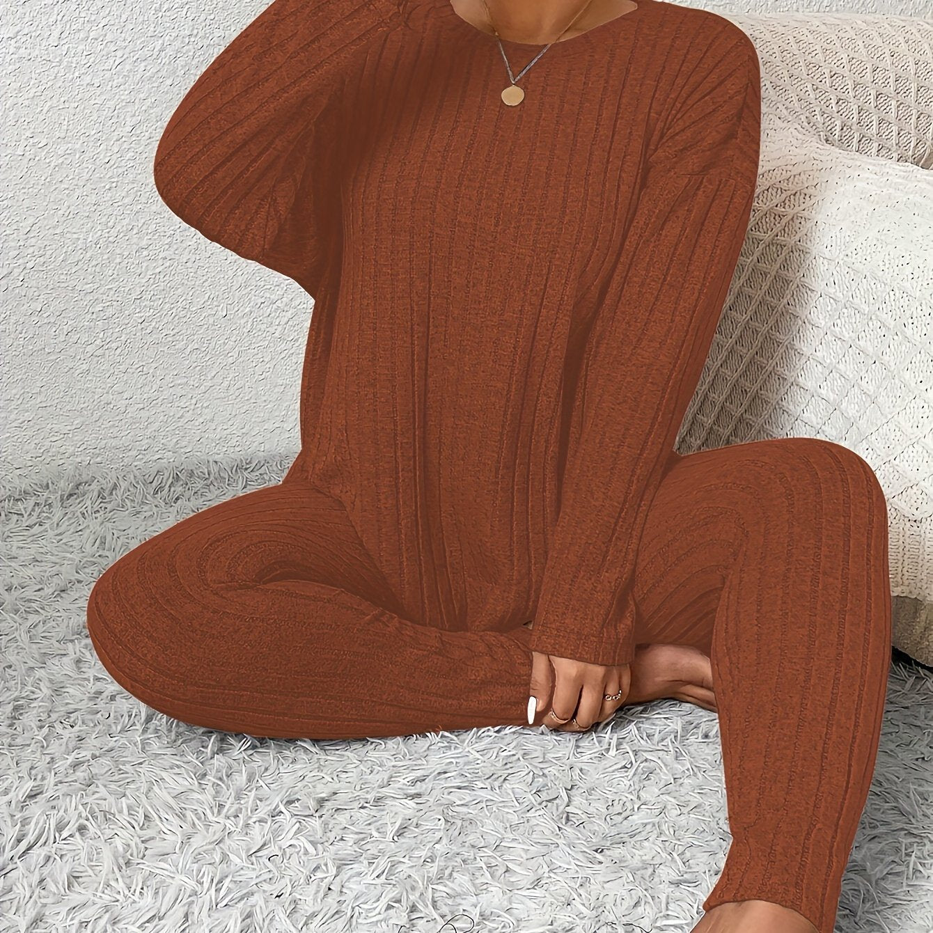 Women's Large Ribbed Autumn Winter Home Wear Casual Set
