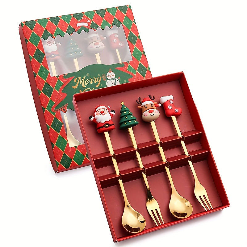Set of 4 Christmas Stainless Steel Coffee Spoons and Forks in Red or Green Gift Box