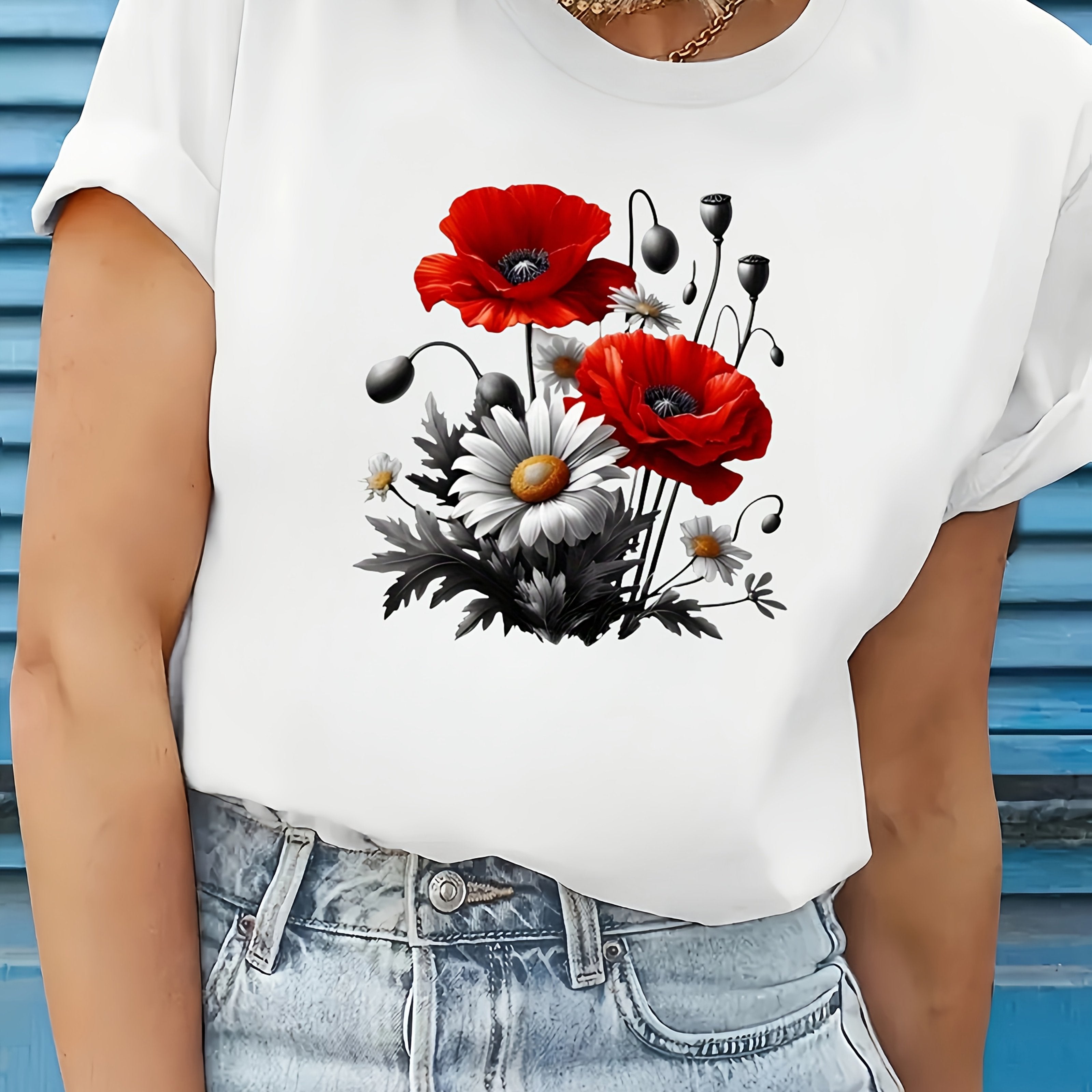 Plus Size Women's Floral Print T-Shirt Blue Short Sleeve Casual Top