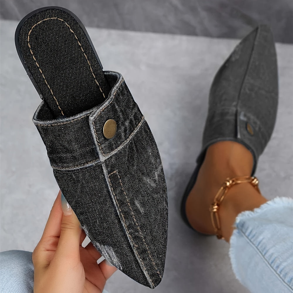 Women's Denim Flat Mules with Pointed Toe Slip-On Casual Outdoor Shoes