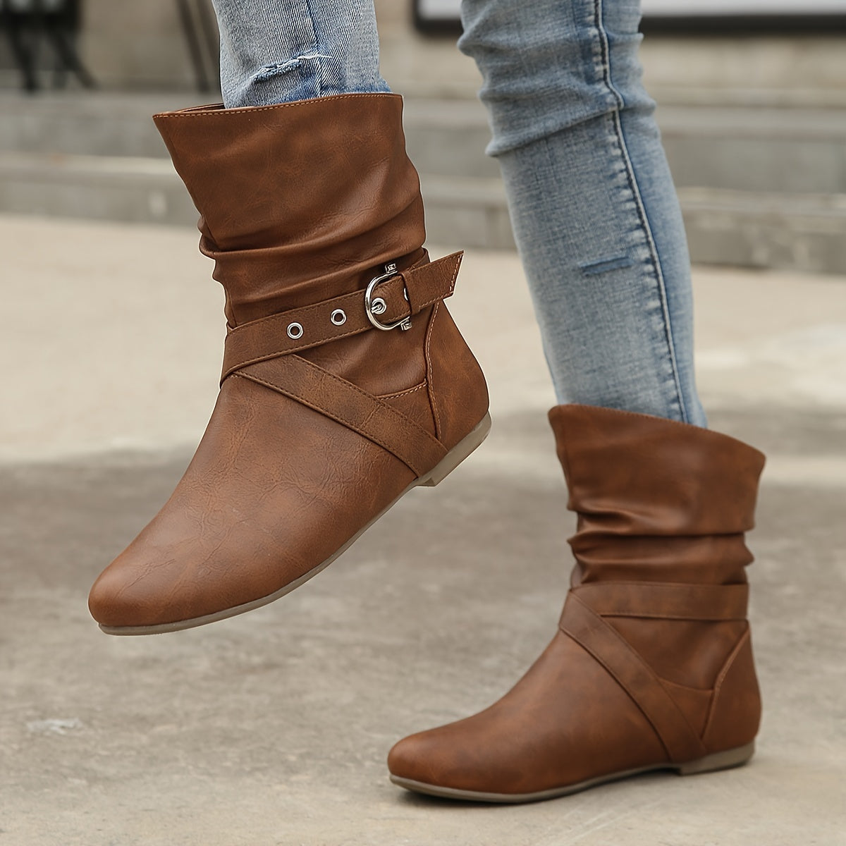 Women's Slip-On Platform Boots with Adjustable Strap Buckle Faux Cover