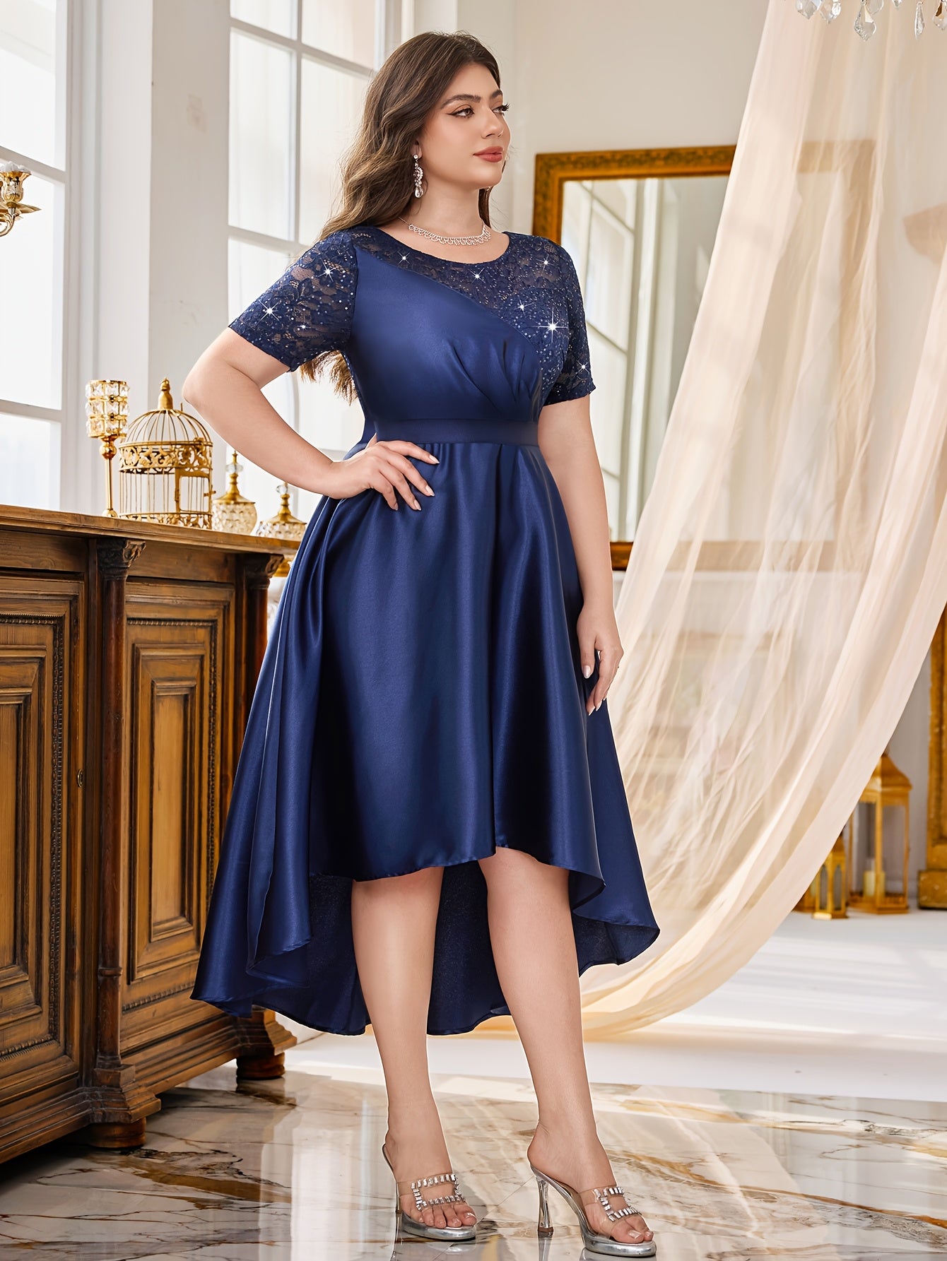 Plus Size Lace Dress with Sequins Blue Sleeveless Knee-Length