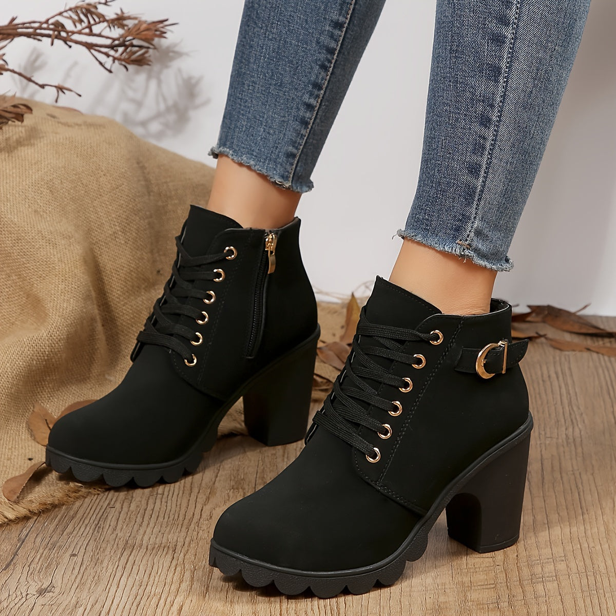 Women's Chunky Heeled Ankle Boots Solid Color Lace Up Side Zipper Retro Short Boots