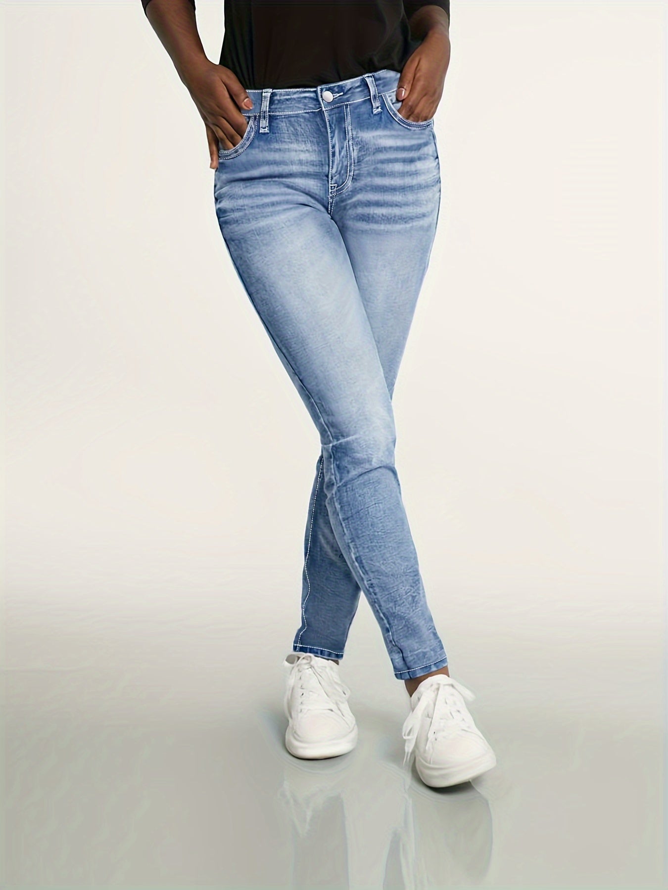 Women's High-Waisted Denim Jeans Oversized Stretch Solid Color All-Season Casual