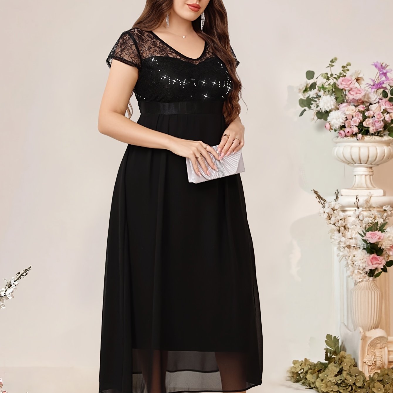 Women's Plus Size Sequined Chiffon Patchwork Dress