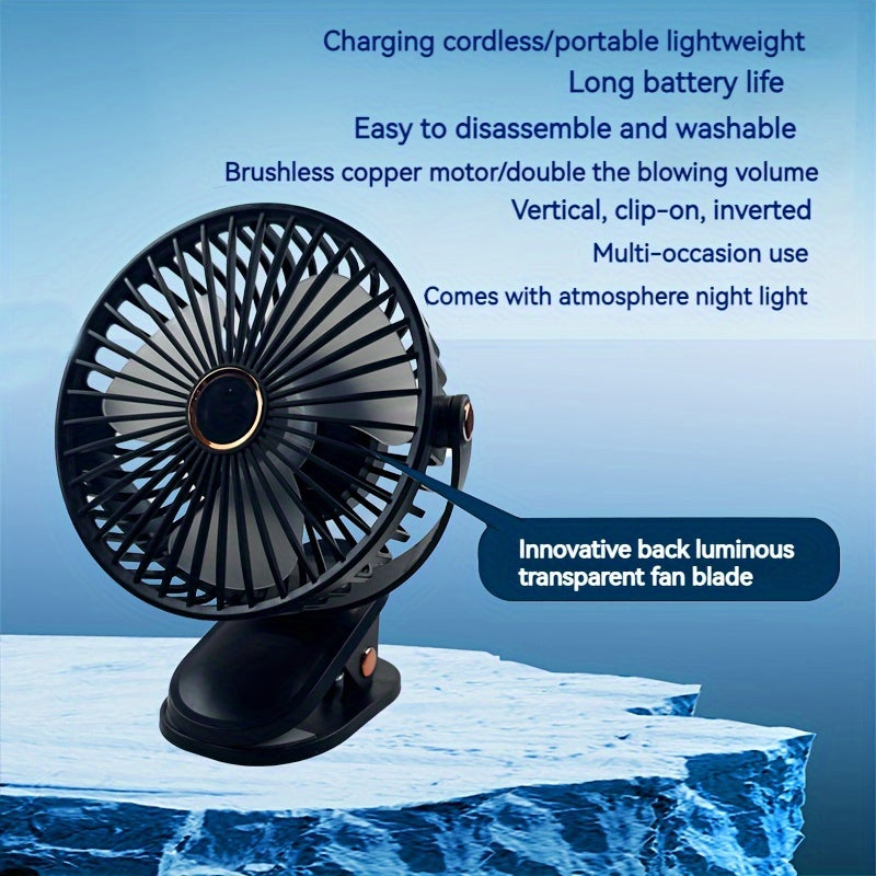 6-Inch Portable Clip-On Desk Fan with LED Night Light USB Rechargeable 5-Speed White