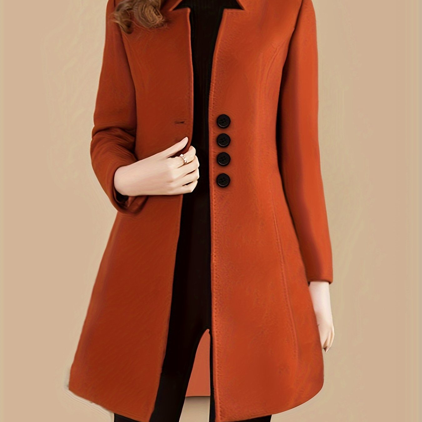 Women's Solid Polyester Single-Breasted Coat with Long Sleeves for Fall Winter