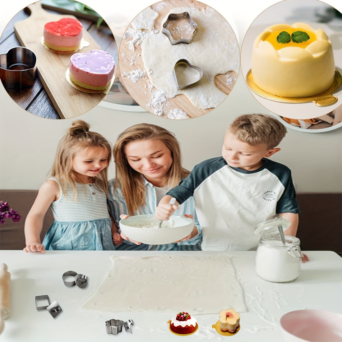 Stainless Steel Cake Mold Set with Push Plate Circular Heart Flower Shapes for Cheesecakes Pastries Cookies