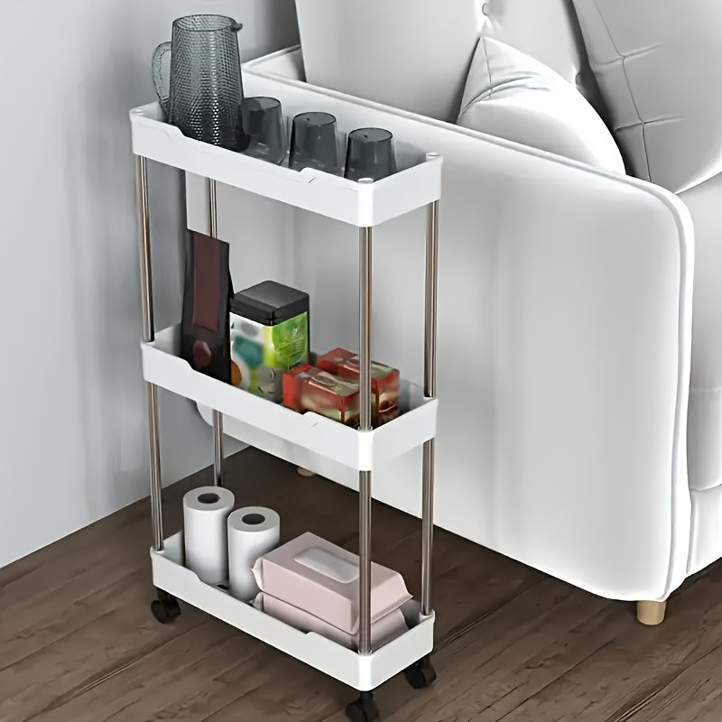 Compact 3-Tier Rolling Storage Cart Stainless Steel Plastic Kitchen Bathroom Organizer