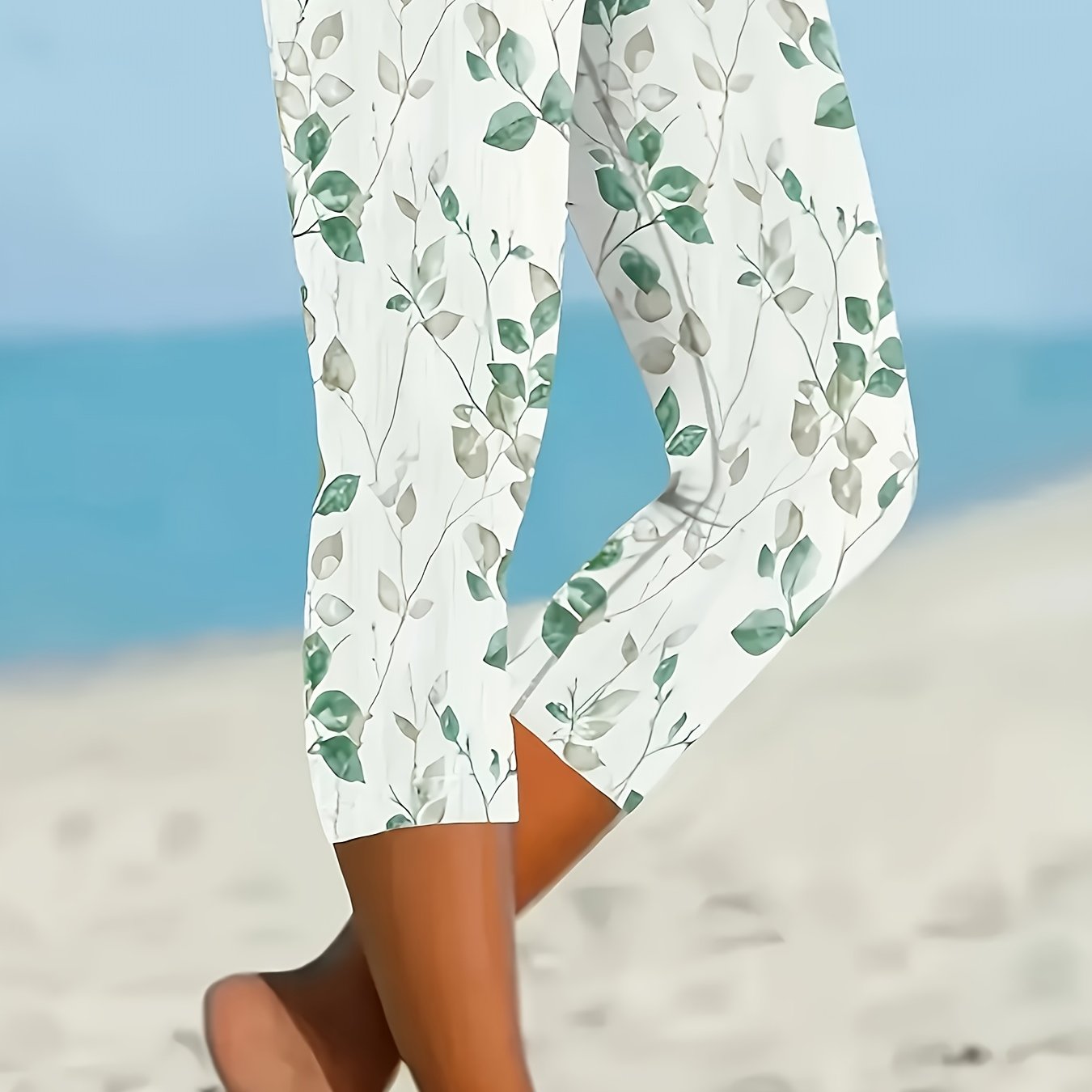 Women's Stretchy Floral Print Capri Leggings High Waist Lightweight Breathable Summer