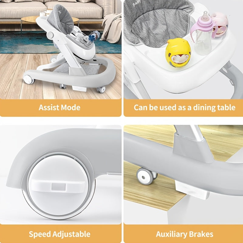 Серый детский ходунок с регулируемой высотой, колесами, противоударными ножками, вспомогательным тормозом, многофункциональный обучающий автомобиль для детей от 6 до 18 месяцев, игрушка для первых шагов против опрокидывания