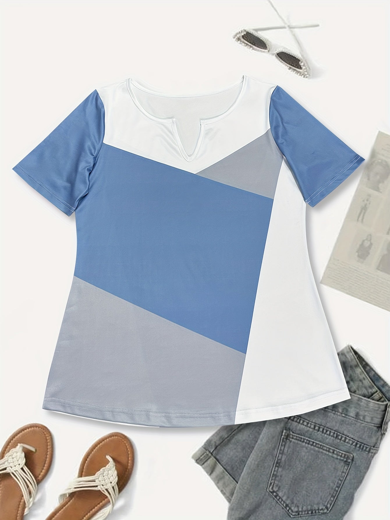 Women's Color Block Notched Neck T-Shirt Summer Casual Knit Polyester Spandex
