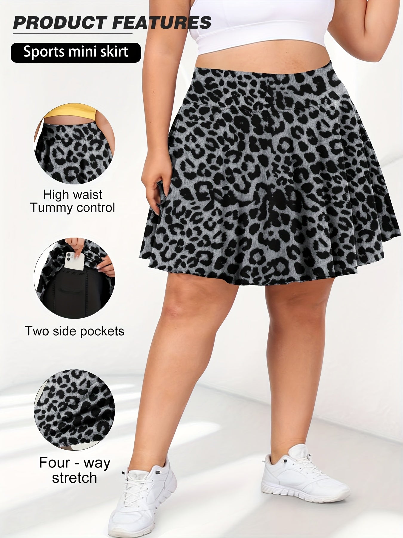 Women's Plus Size Leopard Print High-Waist Skort with Pockets for Tennis Casual Wear