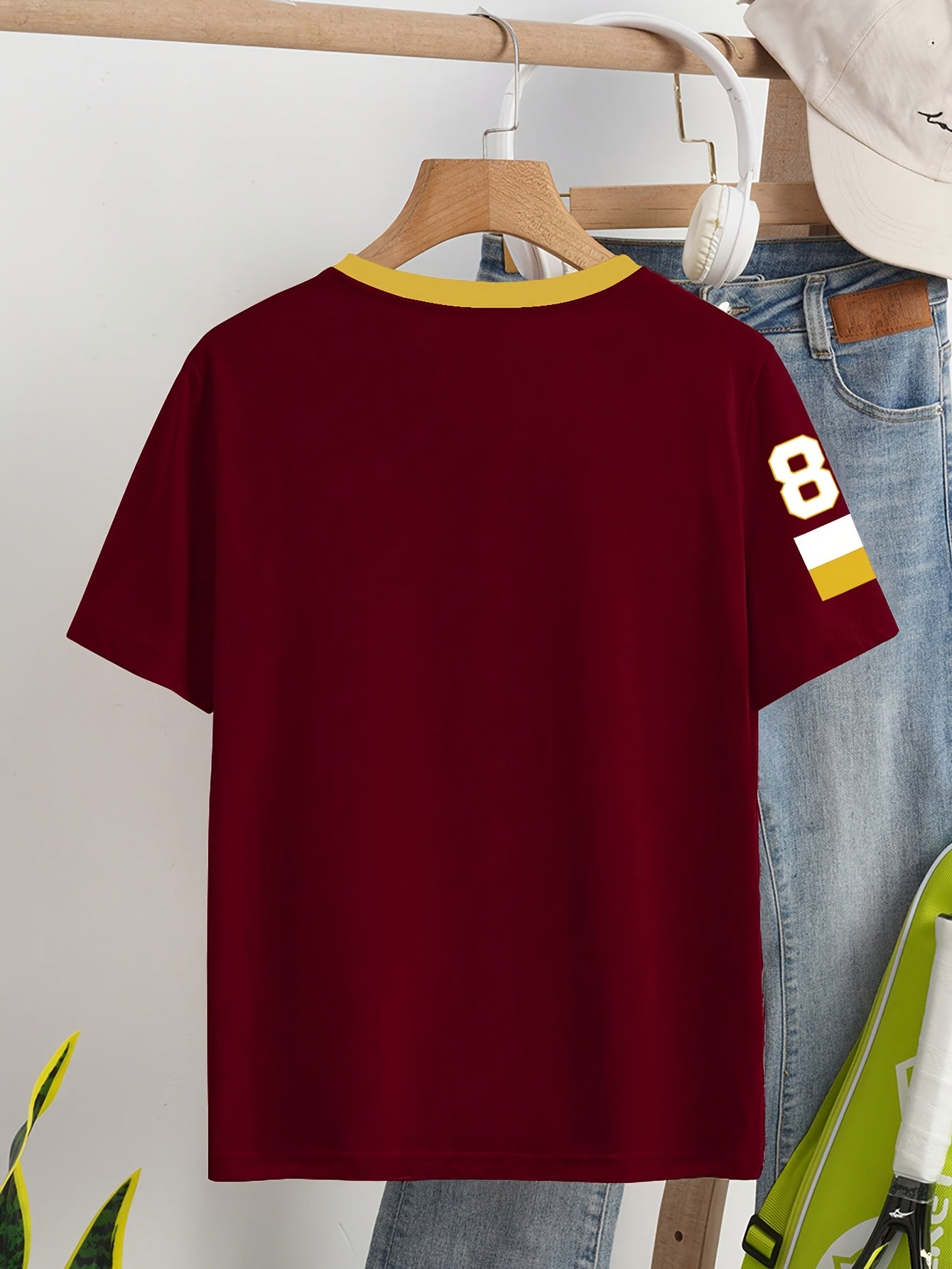 Maroon V-Neck T-Shirt for Women with "223.52cm" and "RED" Print Short Sleeve Loose Fit Polyester
