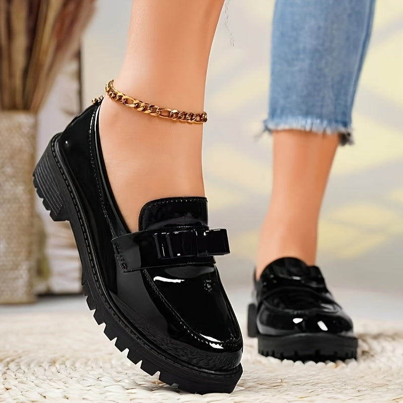 Women's Synthetic Glossy Bow Mid-Heel Retro Loafers Casual Slip-On Shoes