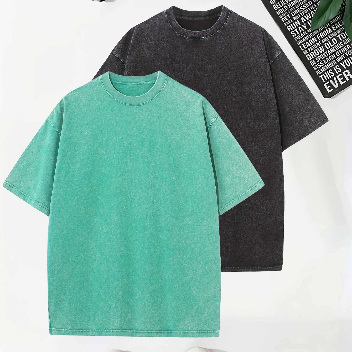 Men's Vintage Washed Cotton T-Shirts Pack Short Sleeve Crew Neck Drop Shoulder Casual