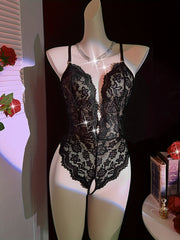 Women's Lace Bodysuit Deep V-Neck Open Crotch High Waist Lingerie