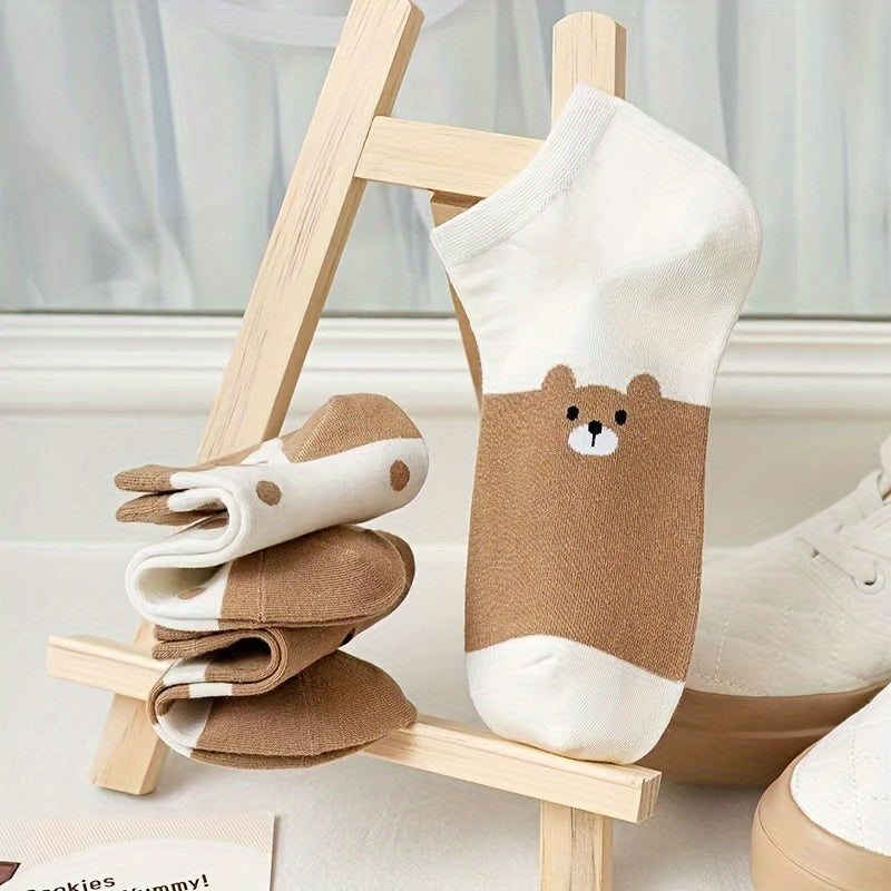 Women's Ankle Socks 5 Pairs Bear and Paw Print Cozy Autumn Lightweight Anti-Odor Spandex Polyester