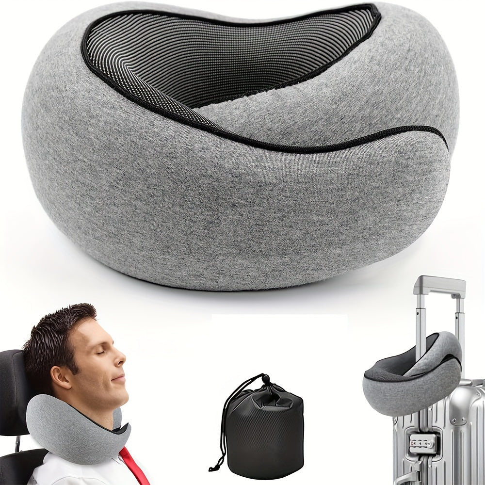 Almohada de viaje de espuma viscoelástica en forma de U gris con funda de malla transpirable para soporte del cuello