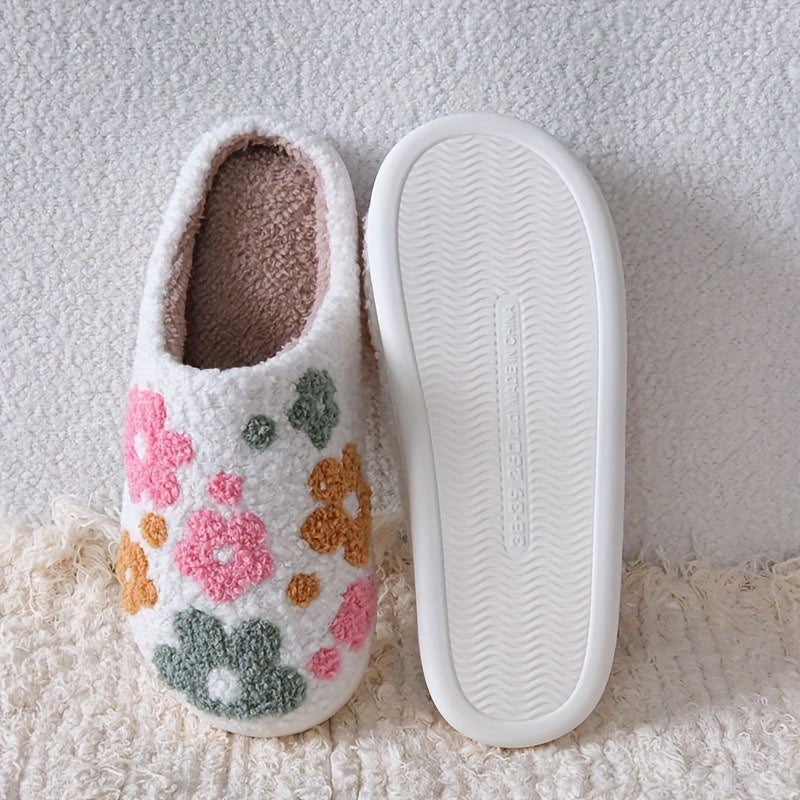 Unisex Plush Floral Slippers Warm Indoor House Shoes with Sunflower Design