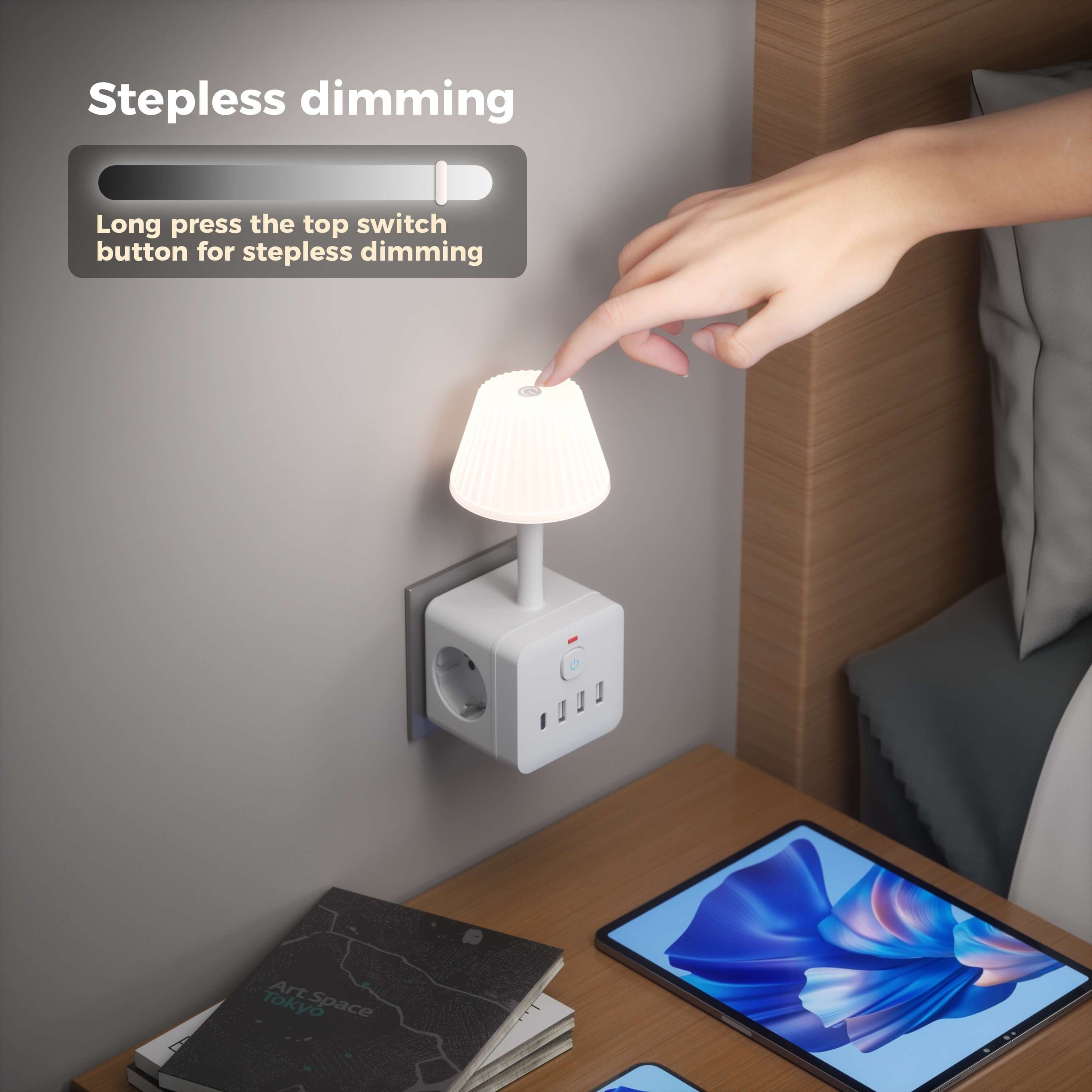 Lámpara de escritorio LED con luz regulable, puertos de carga USB, regleta de alimentación, protección contra sobretensiones, forma de cubo, 220-240V