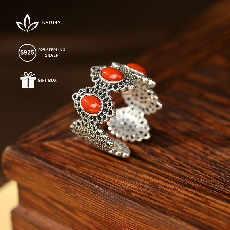 Sterling Silver Ring with Red Agate Ethnic Vintage Style Jewelry for Women
