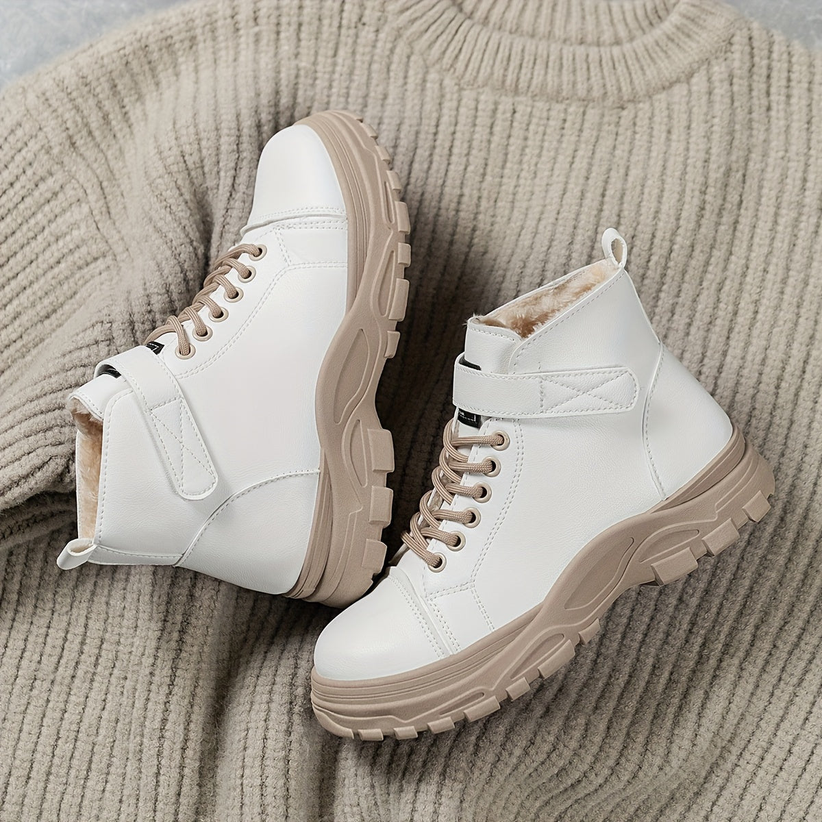 Women's Plush-Lined Winter Ankle Boots with Rubber Sole and Adjustable Straps