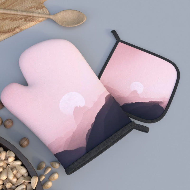 2 ta Pink Hazy Moon pech qo‘lqoplari va qozon tutqichlari to'plami 26.92x17.02 sm Issiqlikka chidamli