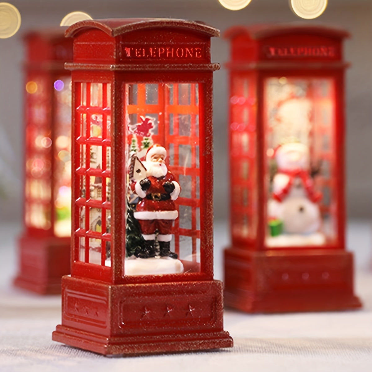 Festive Christmas Phone Booth Decoration with Santa Snowman Tree Scenes Battery-Operated Illuminated Red Cabinet