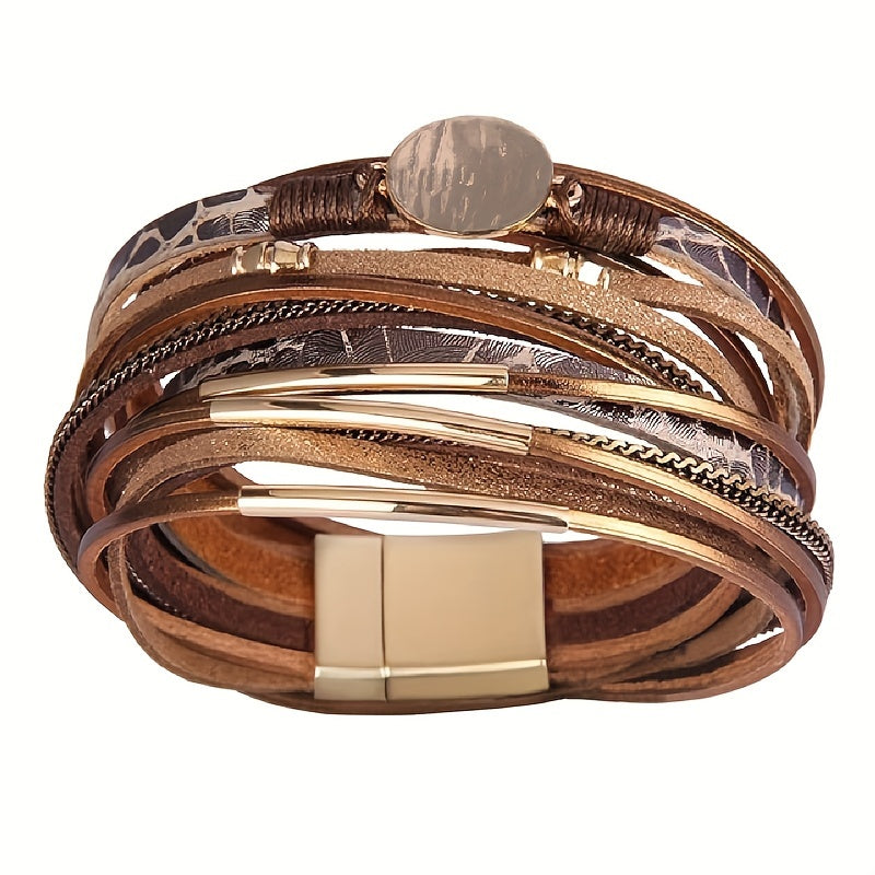 Women's Boho Leather Wrap Bracelet with Synthetic Stones and Gold-Tone Accents