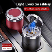 Car Ashtray with PU Leather Anti-Flying Ash Design LED Automatic Lighting Replaceable Battery Black