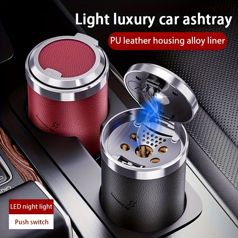 Car Ashtray with PU Leather Anti-Flying Ash Design LED Automatic Lighting Replaceable Battery Black