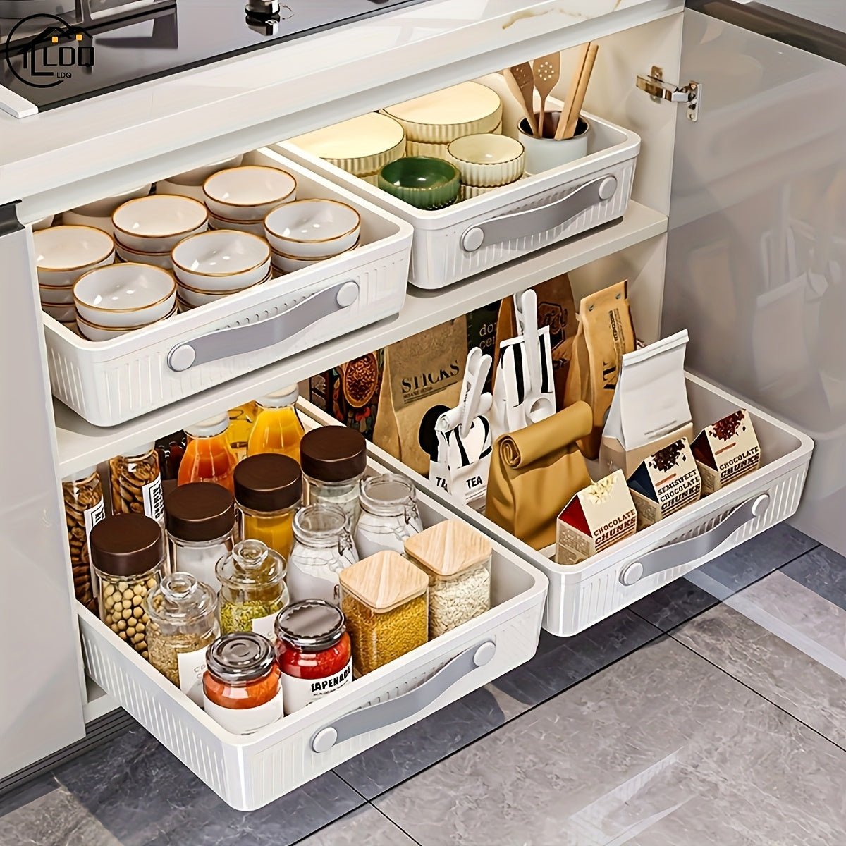 Oversized pull-out cabinet storage baskets with metal tubes plastic drawer organizer