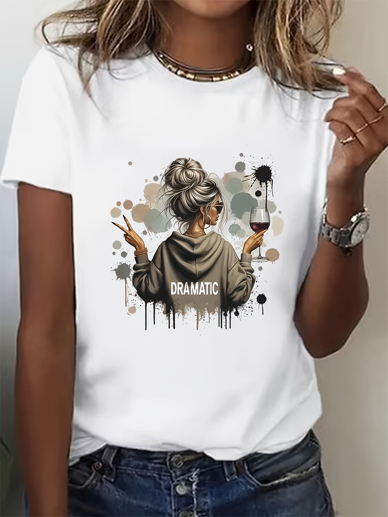 Plus Size Women's Casual Sports Wear Short Sleeve Knit Polyester Applique