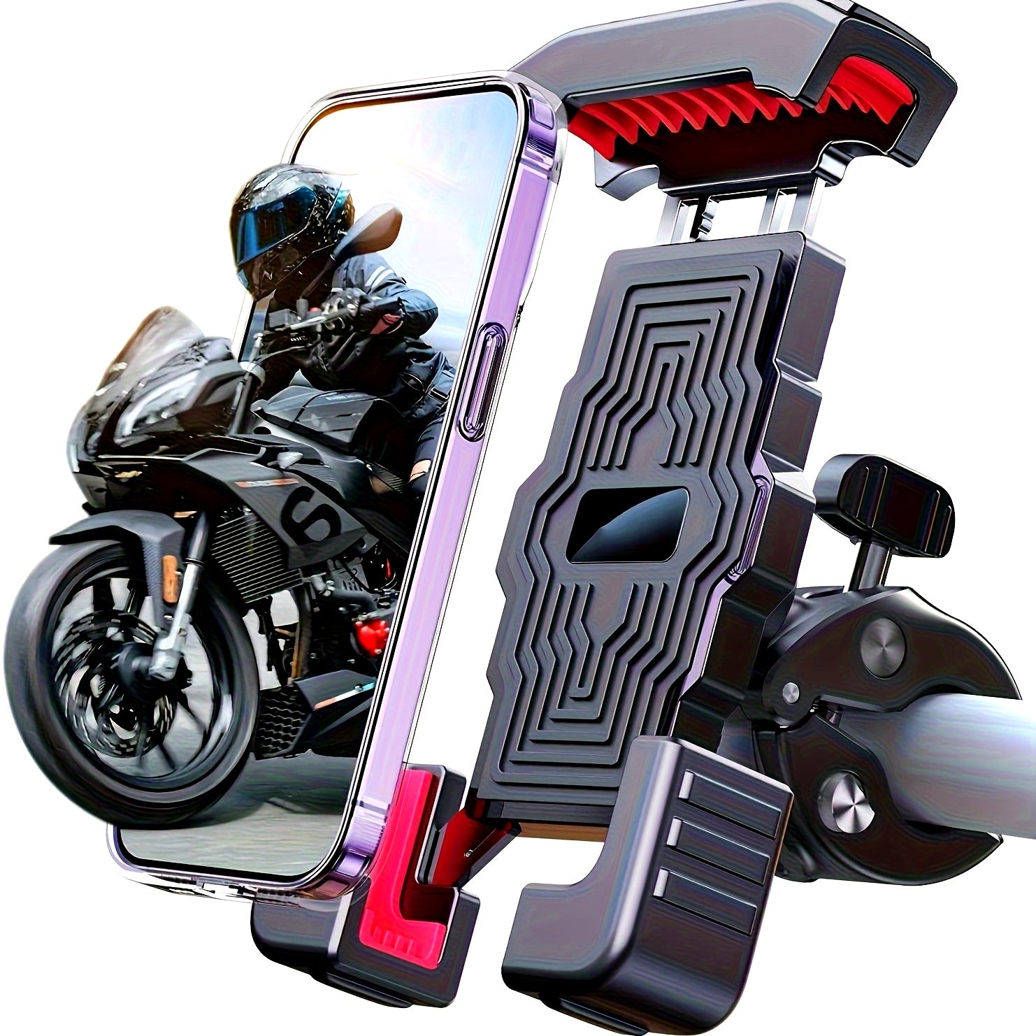 Universal ABS Motorcycle Phone Holder – Adjustable, Secure Grip, Red Accents