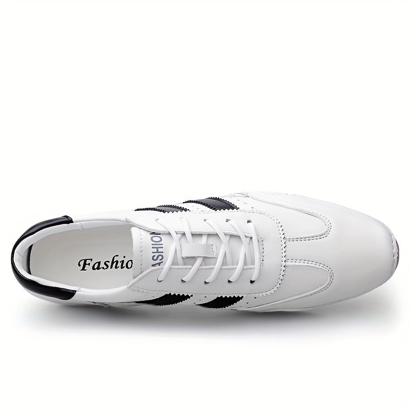 Men's Genuine Leather Sneakers White Black Stripe Rubber Sole Casual All-Season