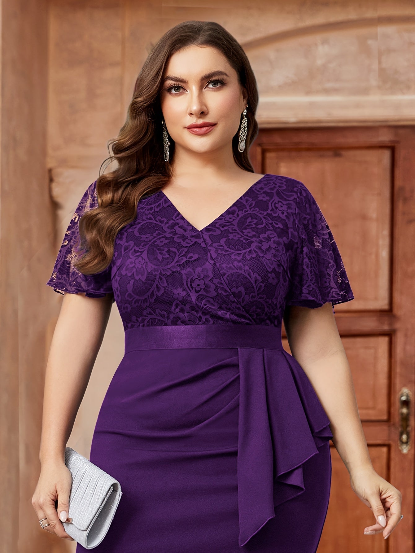 Women V-Neck Floral Lace Ruffle Sleeve Bodycon Dress with Wrap Hem