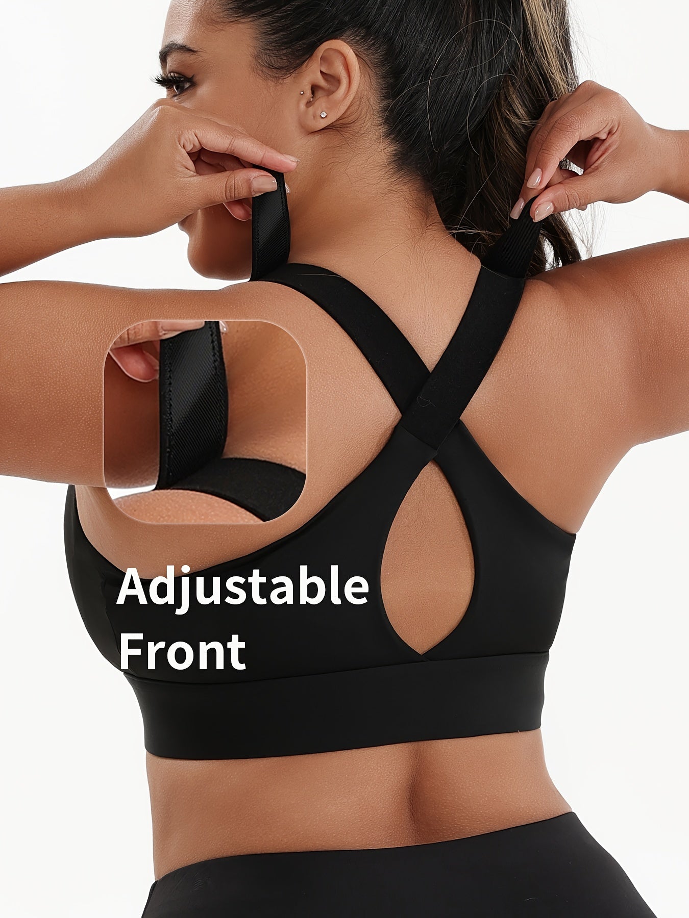 Plus Size High Elasticity Solid Color Front Zip Sports Bra Padded Racerback for Yoga Fitness
