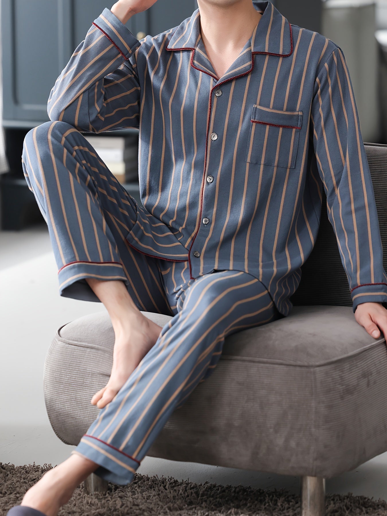 Men's Cotton Striped Pajama Set Long Sleeve Lapel Shirt Elastic Waist Pants Lounge Sleepwear