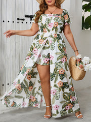 Women's Plus Size Tropical Print Off-Shoulder Jumpsuit with Short Sleeves