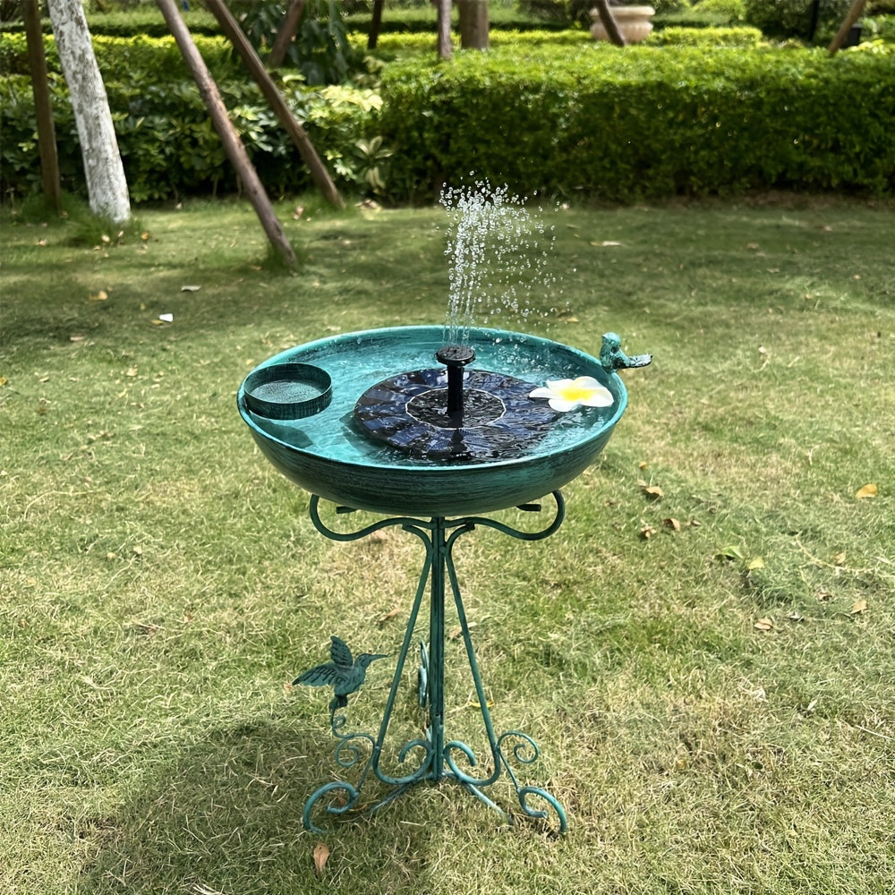 Vintage qush vannasi stendi, 12 dyuymli metall idish va tashqi foydalanish uchun ajratiladigan egiluvchan temir asos bilan qushlarni oziqlantirish stansiyasi sifatida.
