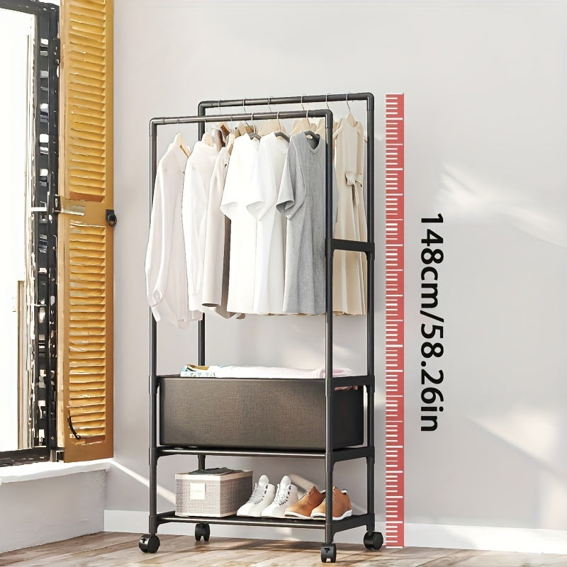 Perchero independiente con ruedas y estantes, altura de 147.98cm, organizador de ropa expandible