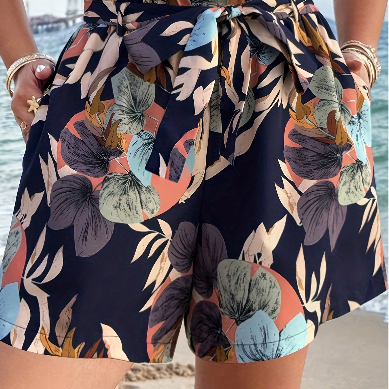 Pantalones cortos de estampado floral para mujer, corte holgado, pierna ancha, ropa de playa y vacaciones