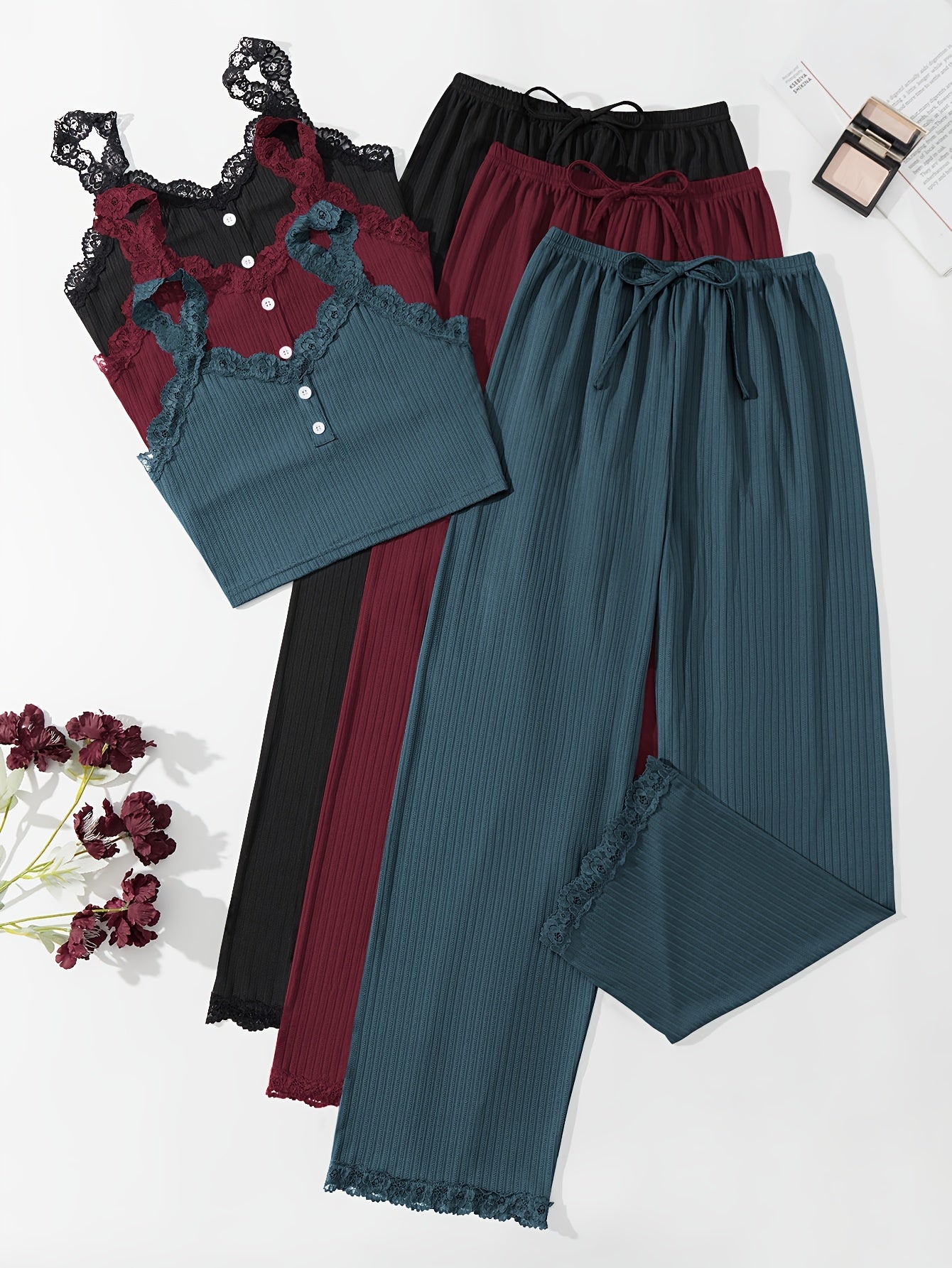 Women's Ribbed Lounge Set with Lace Trim Crop Cami Top and Long Pants