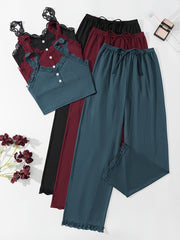 Women's Ribbed Lounge Set with Lace Trim Crop Cami Top and Long Pants
